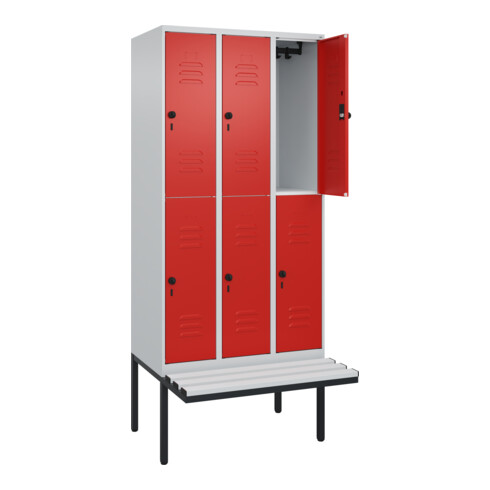 C+P Doppelstock-Spind Classic PLUS, Bank, 3 Abteile, 2120x900x815mm, 7035/3020 Verschluss Sicherheits-Drehriegel Sitzbanktyp auskragend Material Sitzfläche Kunststoff
