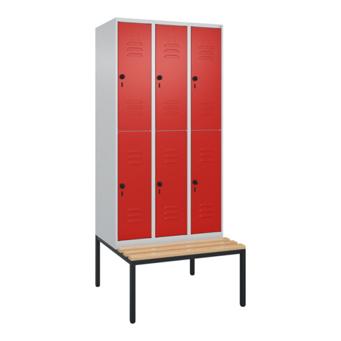 C+P Doppelstock-Spind Classic PLUS, Bank, 3 Abteile, 2120x900x815mm, 7035/3020 Verschluss Sicherheits-Drehriegel Sitzbanktyp untergebaut Material Sitzfläche Buche-Hartholz