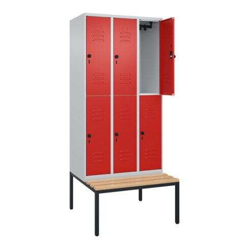 C+P Doppelstock-Spind Classic PLUS, Bank, 3 Abteile, 2120x900x815mm, 7035/3020 Verschluss Sicherheits-Drehriegel Sitzbanktyp untergebaut Material Sitzfläche Buche-Hartholz
