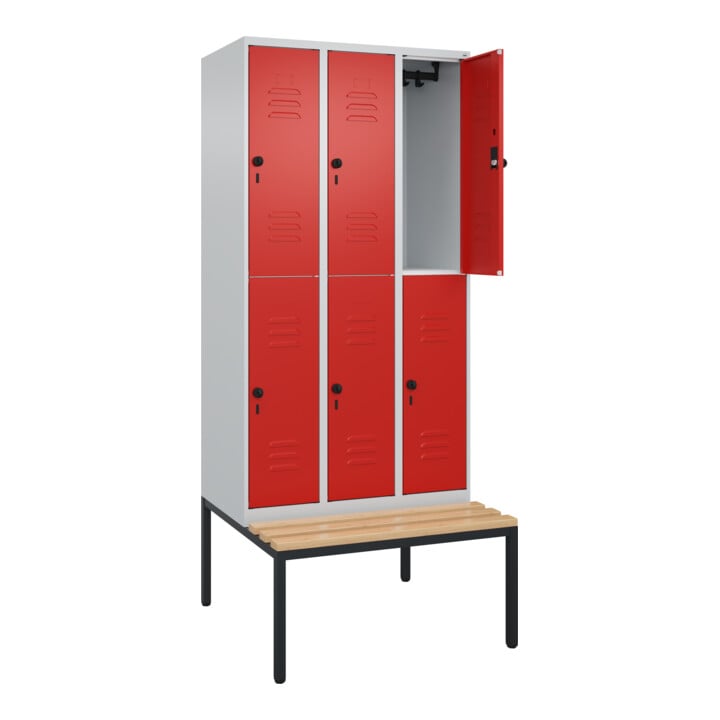 C+P Doppelstock-Spind Classic PLUS, Bank, 3 Abteile, 2120x900x815mm, 7035/3020 Verschluss Sicherheits-Drehriegel Sitzbanktyp untergebaut Material Sitzfläche Buche-Hartholz