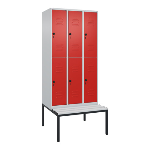 C+P Doppelstock-Spind Classic PLUS, Bank, 3 Abteile, 2120x900x815mm, 7035/3020 Verschluss Sicherheits-Drehriegel Sitzbanktyp untergebaut Material Sitzfläche Kunststoff