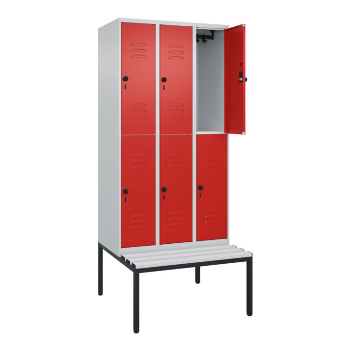 C+P Doppelstock-Spind Classic PLUS, Bank, 3 Abteile, 2120x900x815mm, 7035/3020 Verschluss Sicherheits-Drehriegel Sitzbanktyp untergebaut Material Sitzfläche Kunststoff