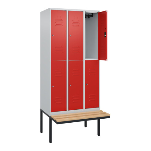 C+P Doppelstock-Spind Classic PLUS, Bank, 3 Abteile, 2120x900x815mm, 7035/3020 Verschluss Zylinderschloss Sitzbanktyp auskragend Material Sitzfläche Buche-Hartholz