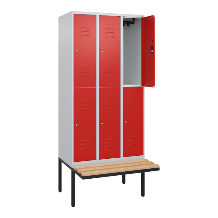 C+P Doppelstock-Spind Classic PLUS, Bank, 3 Abteile, 2120x900x815mm, 7035/3020 Verschluss Zylinderschloss Sitzbanktyp auskragend Material Sitzfläche Buche-Hartholz