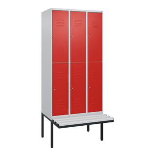 C+P Doppelstock-Spind Classic PLUS, Bank, 3 Abteile, 2120x900x815mm, 7035/3020 Verschluss Zylinderschloss Sitzbanktyp auskragend Material Sitzfläche Kunststoff
