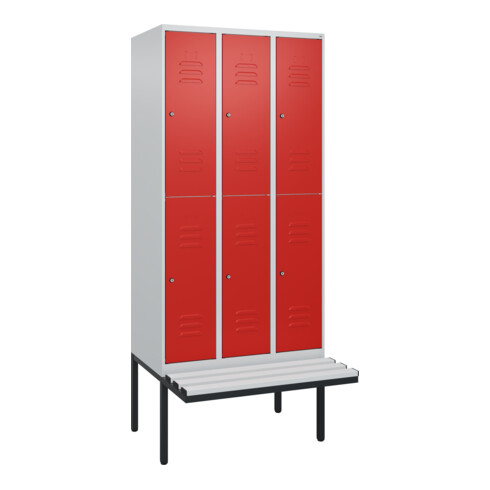 C+P Doppelstock-Spind Classic PLUS, Bank, 3 Abteile, 2120x900x815mm, 7035/3020 Verschluss Zylinderschloss Sitzbanktyp auskragend Material Sitzfläche Kunststoff