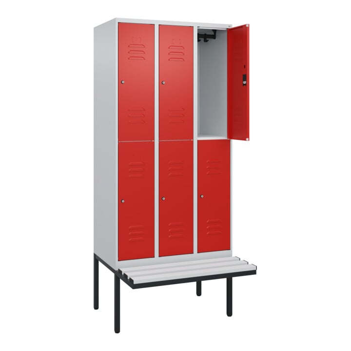 C+P Doppelstock-Spind Classic PLUS, Bank, 3 Abteile, 2120x900x815mm, 7035/3020 Verschluss Zylinderschloss Sitzbanktyp auskragend Material Sitzfläche Kunststoff