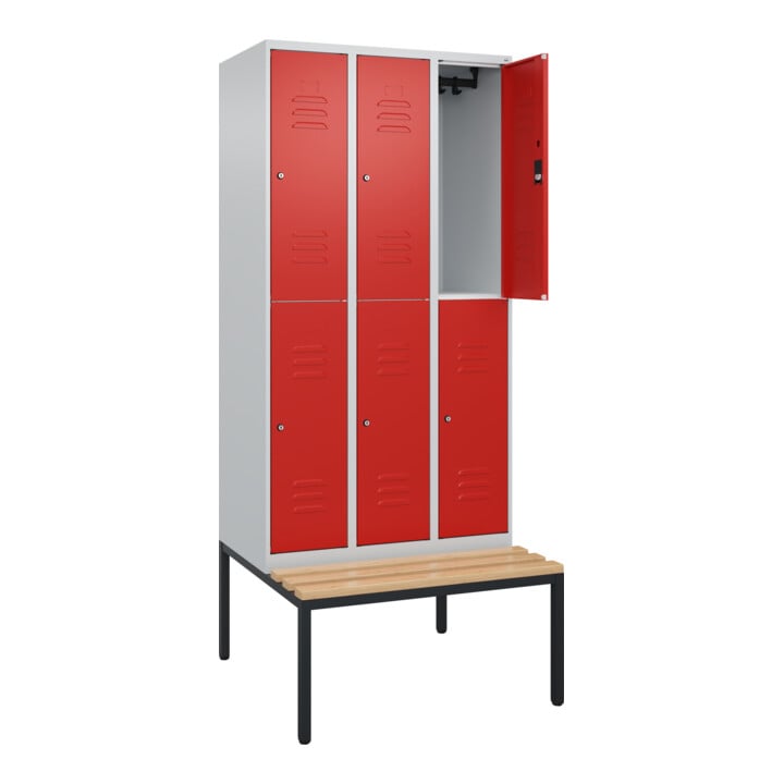 C+P Doppelstock-Spind Classic PLUS, Bank, 3 Abteile, 2120x900x815mm, 7035/3020 Verschluss Zylinderschloss Sitzbanktyp untergebaut Material Sitzfläche Buche-Hartholz
