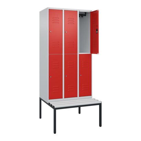 C+P Doppelstock-Spind Classic PLUS, Bank, 3 Abteile, 2120x900x815mm, 7035/3020 Verschluss Zylinderschloss Sitzbanktyp untergebaut Material Sitzfläche Kunststoff
