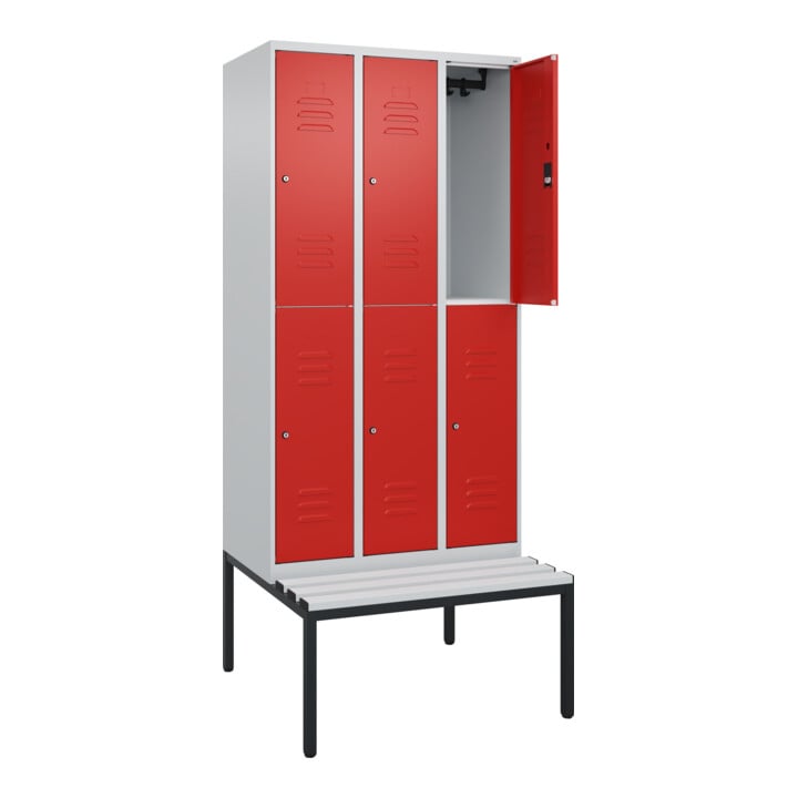 C+P Doppelstock-Spind Classic PLUS, Bank, 3 Abteile, 2120x900x815mm, 7035/3020 Verschluss Zylinderschloss Sitzbanktyp untergebaut Material Sitzfläche Kunststoff