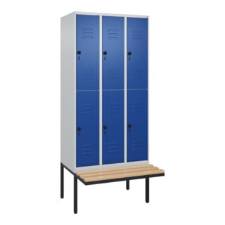 C+P Doppelstock-Spind Classic PLUS, Bank, 3 Abteile, 2120x900x815mm, 7035/5010 Verschluss Sicherheits-Drehriegel Sitzbanktyp auskragend Material Sitzfläche Buche-Hartholz