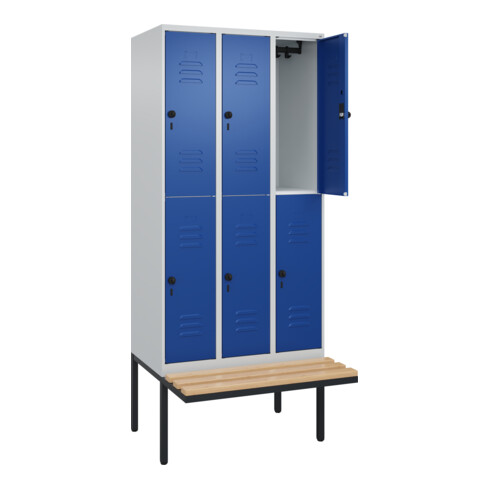 C+P Doppelstock-Spind Classic PLUS, Bank, 3 Abteile, 2120x900x815mm, 7035/5010 Verschluss Sicherheits-Drehriegel Sitzbanktyp auskragend Material Sitzfläche Buche-Hartholz