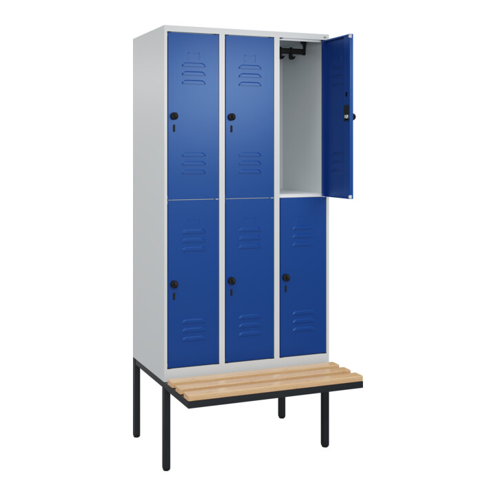 C+P Doppelstock-Spind Classic PLUS, Bank, 3 Abteile, 2120x900x815mm, 7035/5010 Verschluss Sicherheits-Drehriegel Sitzbanktyp auskragend Material Sitzfläche Buche-Hartholz
