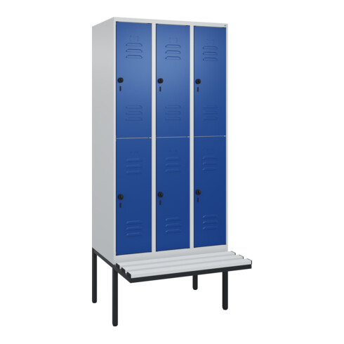 C+P Doppelstock-Spind Classic PLUS, Bank, 3 Abteile, 2120x900x815mm, 7035/5010 Verschluss Sicherheits-Drehriegel Sitzbanktyp auskragend Material Sitzfläche Kunststoff