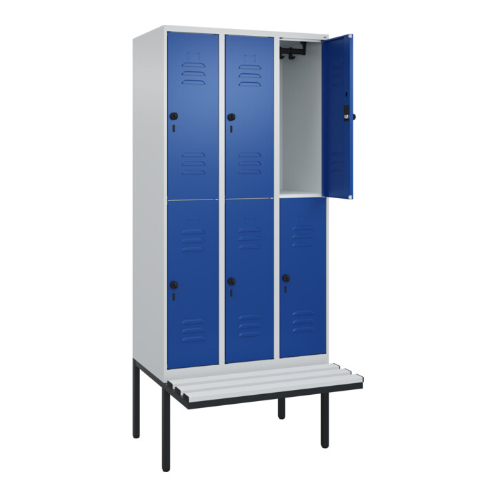 C+P Doppelstock-Spind Classic PLUS, Bank, 3 Abteile, 2120x900x815mm, 7035/5010 Verschluss Sicherheits-Drehriegel Sitzbanktyp auskragend Material Sitzfläche Kunststoff