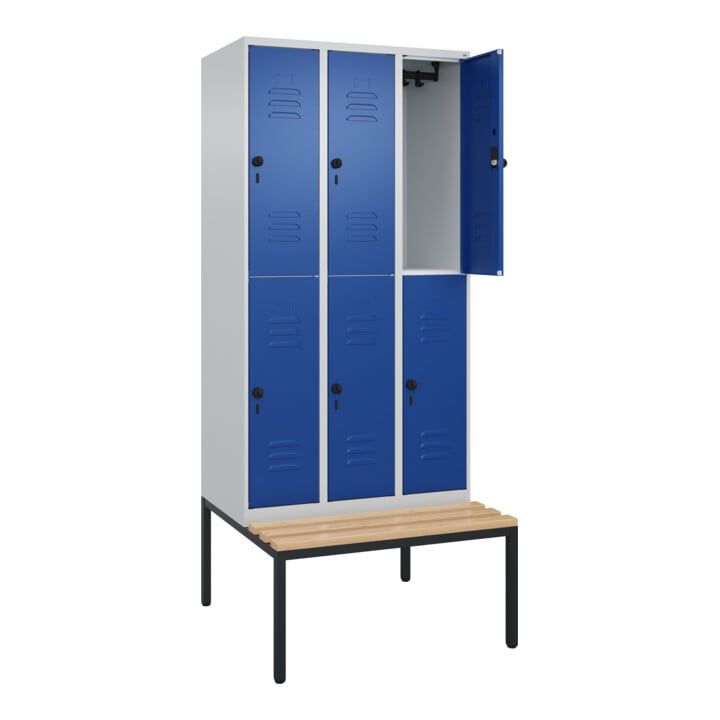 C+P Doppelstock-Spind Classic PLUS, Bank, 3 Abteile, 2120x900x815mm, 7035/5010 Verschluss Sicherheits-Drehriegel Sitzbanktyp untergebaut Material Sitzfläche Buche-Hartholz