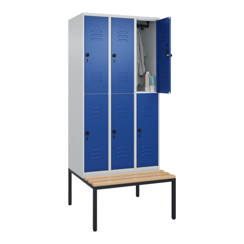 C+P Doppelstock-Spind Classic PLUS, Bank, 3 Abteile, 2120x900x815mm, 7035/5010 Verschluss Sicherheits-Drehriegel Sitzbanktyp untergebaut Material Sitzfläche Buche-Hartholz