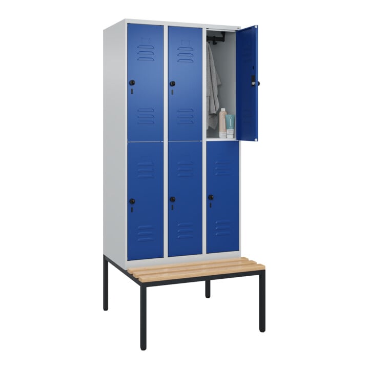 C+P Doppelstock-Spind Classic PLUS, Bank, 3 Abteile, 2120x900x815mm, 7035/5010 Verschluss Sicherheits-Drehriegel Sitzbanktyp untergebaut Material Sitzfläche Buche-Hartholz