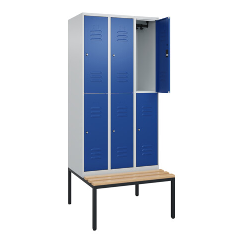 C+P Doppelstock-Spind Classic PLUS, Bank, 3 Abteile, 2120x900x815mm, 7035/5010 Verschluss Zylinderschloss Sitzbanktyp untergebaut Material Sitzfläche Buche-Hartholz