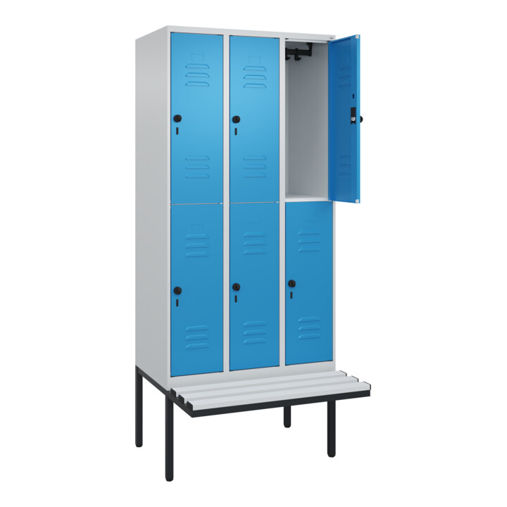 C+P Doppelstock-Spind Classic PLUS, Bank, 3 Abteile, 2120x900x815mm, 7035/5012 Verschluss Sicherheits-Drehriegel Sitzbanktyp auskragend Material Sitzfläche Kunststoff