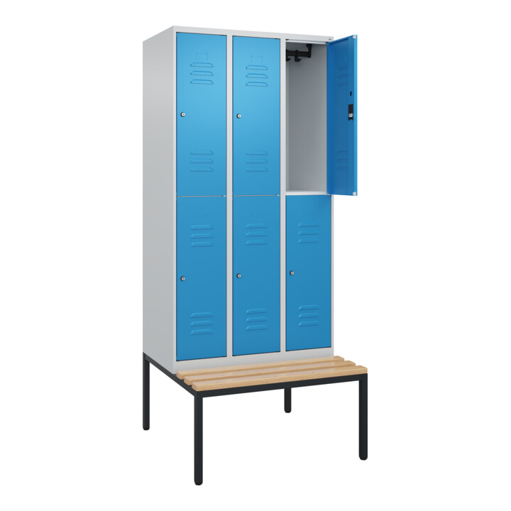 C+P Doppelstock-Spind Classic PLUS, Bank, 3 Abteile, 2120x900x815mm, 7035/5012 Verschluss Zylinderschloss Sitzbanktyp untergebaut Material Sitzfläche Buche-Hartholz