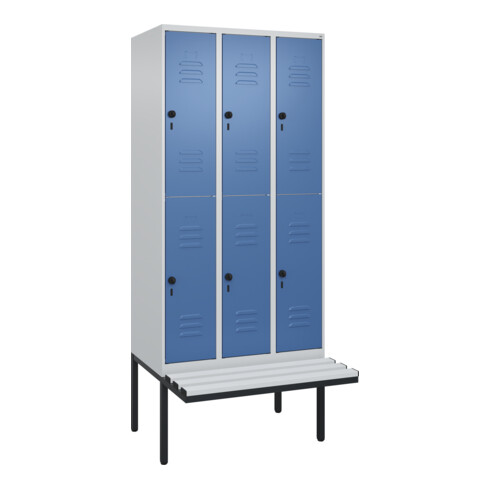 C+P Doppelstock-Spind Classic PLUS, Bank, 3 Abteile, 2120x900x815mm, 7035/5023 Verschluss Sicherheits-Drehriegel Sitzbanktyp auskragend Material Sitzfläche Kunststoff