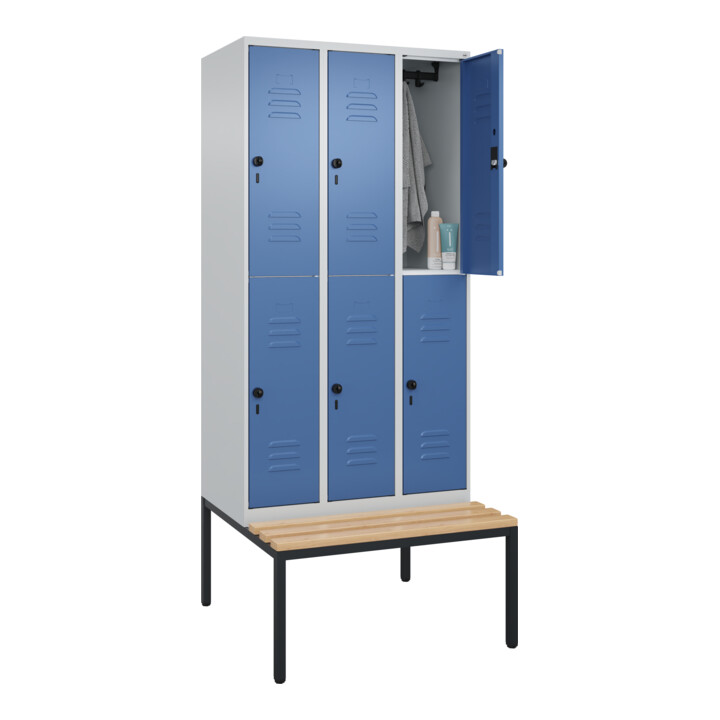 C+P Doppelstock-Spind Classic PLUS, Bank, 3 Abteile, 2120x900x815mm, 7035/5023 Verschluss Sicherheits-Drehriegel Sitzbanktyp untergebaut Material Sitzfläche Buche-Hartholz