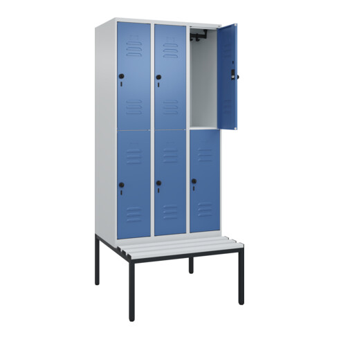 C+P Doppelstock-Spind Classic PLUS, Bank, 3 Abteile, 2120x900x815mm, 7035/5023 Verschluss Sicherheits-Drehriegel Sitzbanktyp untergebaut Material Sitzfläche Kunststoff