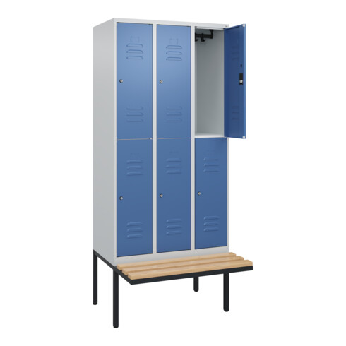 C+P Doppelstock-Spind Classic PLUS, Bank, 3 Abteile, 2120x900x815mm, 7035/5023 Verschluss Zylinderschloss Sitzbanktyp auskragend Material Sitzfläche Buche-Hartholz
