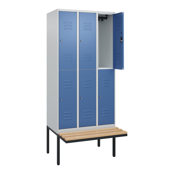 C+P Doppelstock-Spind Classic PLUS, Bank, 3 Abteile, 2120x900x815mm, 7035/5023 Verschluss Zylinderschloss Sitzbanktyp auskragend Material Sitzfläche Buche-Hartholz
