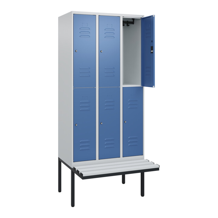 C+P Doppelstock-Spind Classic PLUS, Bank, 3 Abteile, 2120x900x815mm, 7035/5023 Verschluss Zylinderschloss Sitzbanktyp auskragend Material Sitzfläche Kunststoff