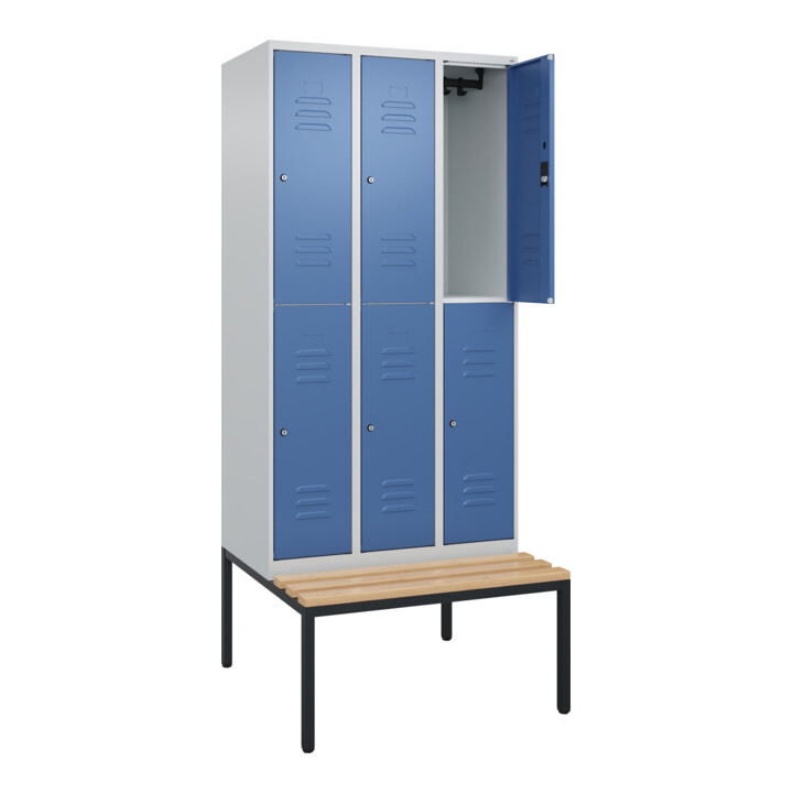 C+P Doppelstock-Spind Classic PLUS, Bank, 3 Abteile, 2120x900x815mm, 7035/5023 Verschluss Zylinderschloss Sitzbanktyp untergebaut Material Sitzfläche Buche-Hartholz