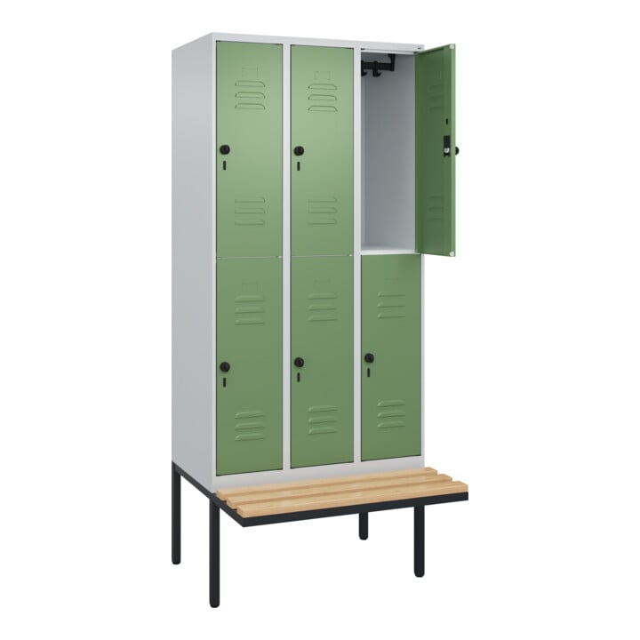 C+P Doppelstock-Spind Classic PLUS, Bank, 3 Abteile, 2120x900x815mm, 7035/6011 Verschluss Sicherheits-Drehriegel Sitzbanktyp auskragend Material Sitzfläche Buche-Hartholz
