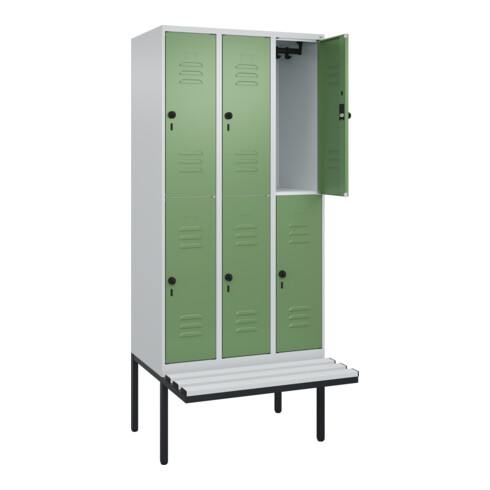 C+P Doppelstock-Spind Classic PLUS, Bank, 3 Abteile, 2120x900x815mm, 7035/6011 Verschluss Sicherheits-Drehriegel Sitzbanktyp auskragend Material Sitzfläche Kunststoff