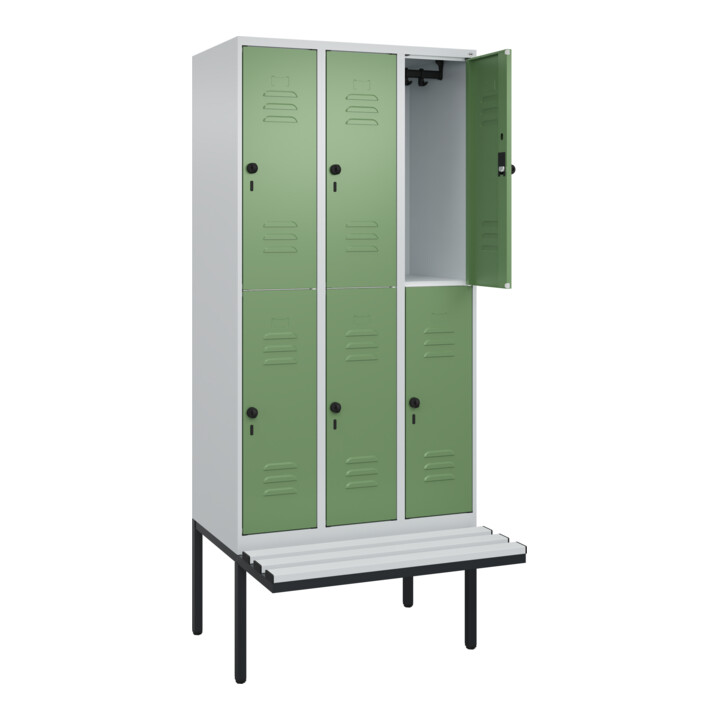 C+P Doppelstock-Spind Classic PLUS, Bank, 3 Abteile, 2120x900x815mm, 7035/6011 Verschluss Sicherheits-Drehriegel Sitzbanktyp auskragend Material Sitzfläche Kunststoff