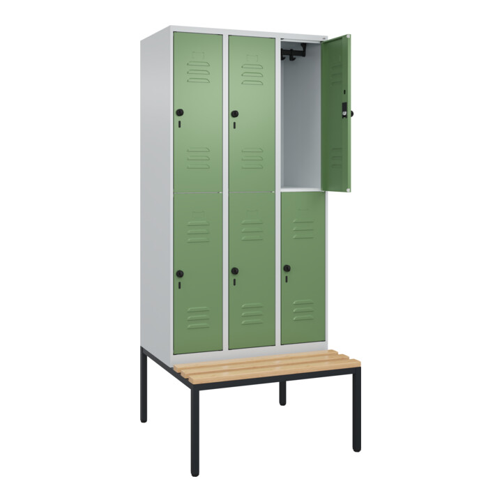 C+P Doppelstock-Spind Classic PLUS, Bank, 3 Abteile, 2120x900x815mm, 7035/6011 Verschluss Sicherheits-Drehriegel Sitzbanktyp untergebaut Material Sitzfläche Buche-Hartholz