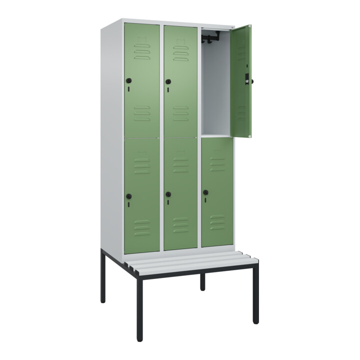 C+P Doppelstock-Spind Classic PLUS, Bank, 3 Abteile, 2120x900x815mm, 7035/6011 Verschluss Sicherheits-Drehriegel Sitzbanktyp untergebaut Material Sitzfläche Kunststoff