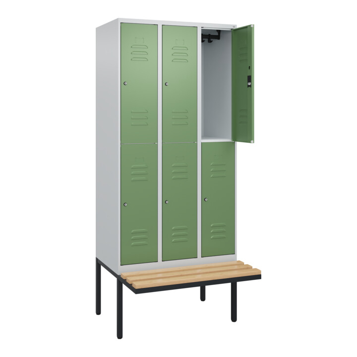 C+P Doppelstock-Spind Classic PLUS, Bank, 3 Abteile, 2120x900x815mm, 7035/6011 Verschluss Zylinderschloss Sitzbanktyp auskragend Material Sitzfläche Buche-Hartholz