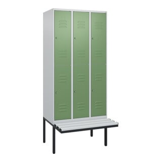 C+P Doppelstock-Spind Classic PLUS, Bank, 3 Abteile, 2120x900x815mm, 7035/6011 Verschluss Zylinderschloss Sitzbanktyp auskragend Material Sitzfläche Kunststoff