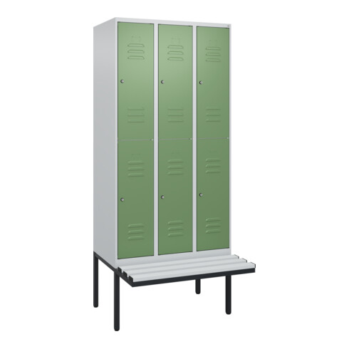C+P Doppelstock-Spind Classic PLUS, Bank, 3 Abteile, 2120x900x815mm, 7035/6011 Verschluss Zylinderschloss Sitzbanktyp auskragend Material Sitzfläche Kunststoff