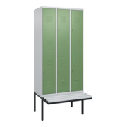 C+P Doppelstock-Spind Classic PLUS, Bank, 3 Abteile, 2120x900x815mm, 7035/6011 Verschluss Zylinderschloss Sitzbanktyp auskragend Material Sitzfläche Kunststoff