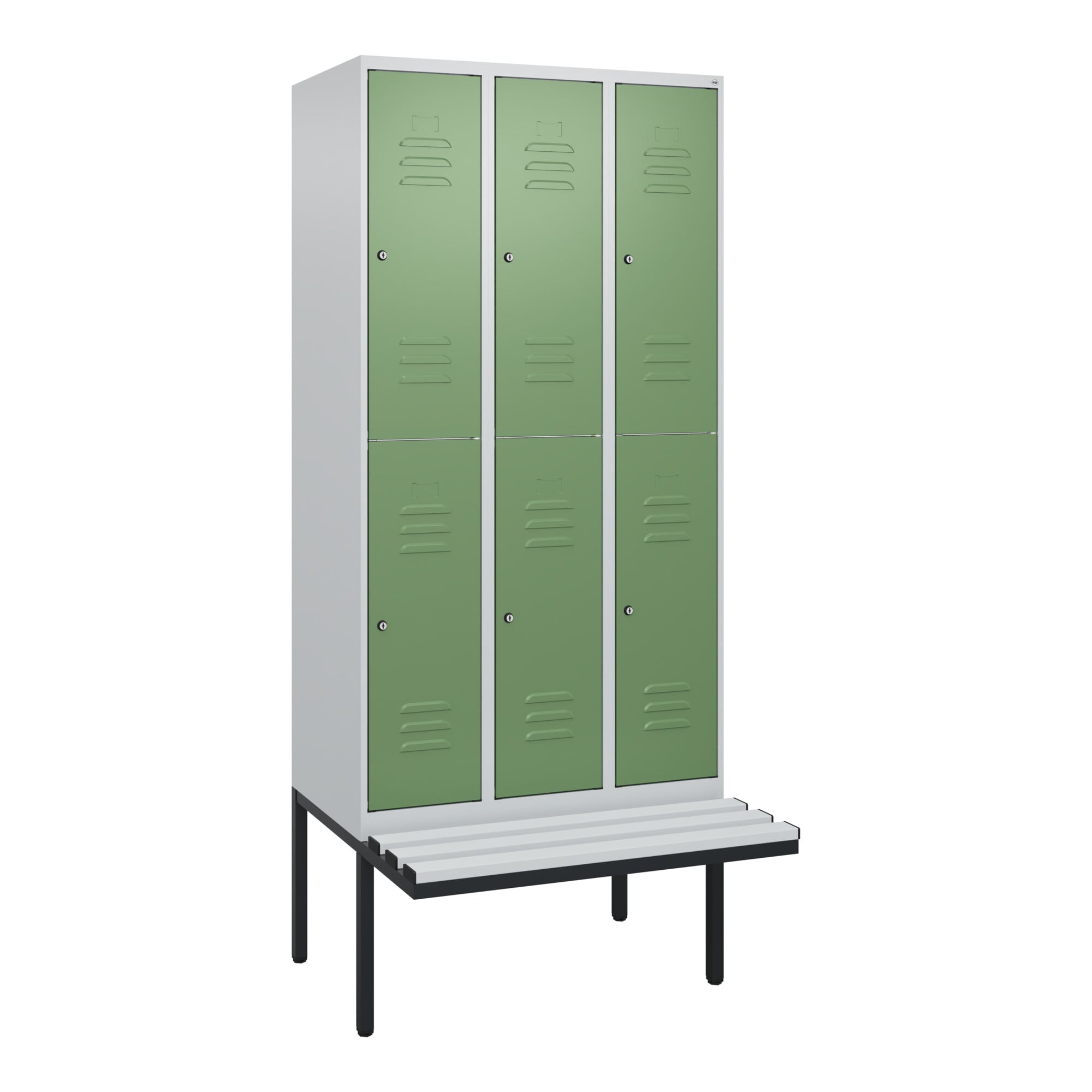 C+P Doppelstock-Spind Classic PLUS, Bank, 3 Abteile, 2120x900x815mm, 7035/6011 Verschluss Zylinderschloss Sitzbanktyp auskragend Material Sitzfläche K