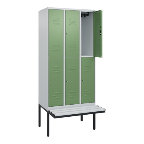 C+P Doppelstock-Spind Classic PLUS, Bank, 3 Abteile, 2120x900x815mm, 7035/6011 Verschluss Zylinderschloss Sitzbanktyp auskragend Material Sitzfläche Kunststoff