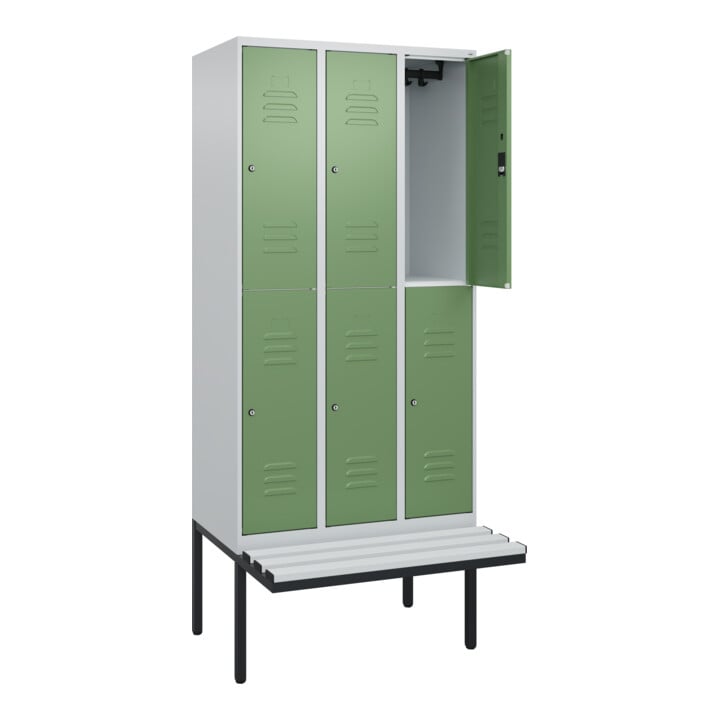 C+P Doppelstock-Spind Classic PLUS, Bank, 3 Abteile, 2120x900x815mm, 7035/6011 Verschluss Zylinderschloss Sitzbanktyp auskragend Material Sitzfläche Kunststoff
