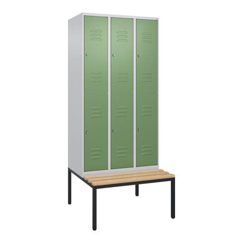 C+P Doppelstock-Spind Classic PLUS, Bank, 3 Abteile, 2120x900x815mm, 7035/6011 Verschluss Zylinderschloss Sitzbanktyp untergebaut Material Sitzfläche Buche-Hartholz