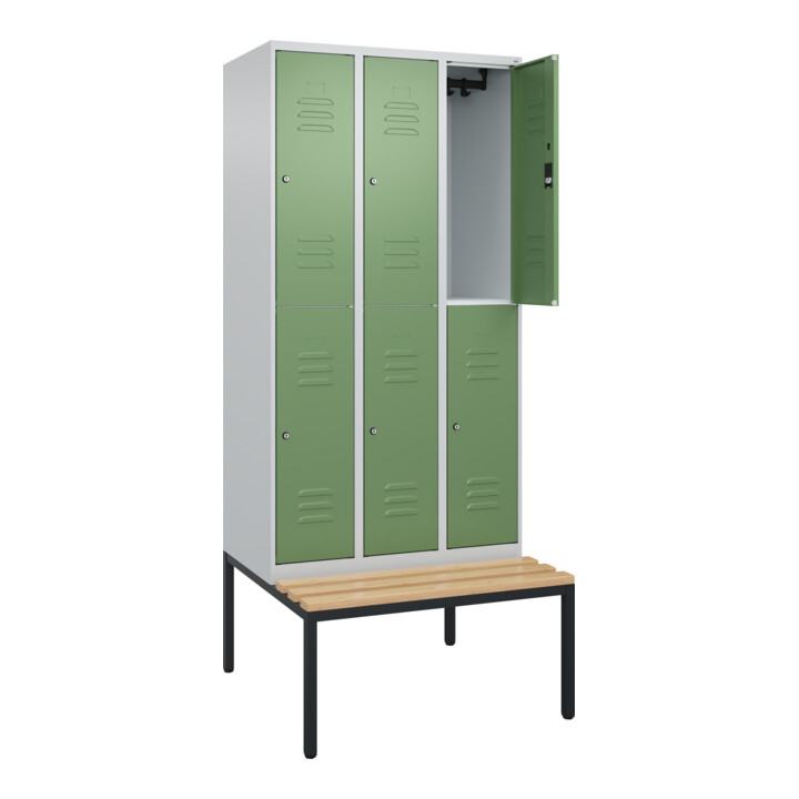 C+P Doppelstock-Spind Classic PLUS, Bank, 3 Abteile, 2120x900x815mm, 7035/6011 Verschluss Zylinderschloss Sitzbanktyp untergebaut Material Sitzfläche Buche-Hartholz