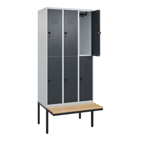 C+P Doppelstock-Spind Classic PLUS, Bank, 3 Abteile, 2120x900x815mm, 7035/7016 Verschluss Sicherheits-Drehriegel Sitzbanktyp auskragend Material Sitzfläche Buche-Hartholz