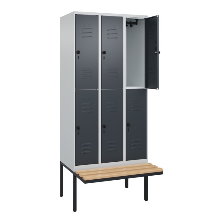C+P Doppelstock-Spind Classic PLUS, Bank, 3 Abteile, 2120x900x815mm, 7035/7016 Verschluss Sicherheits-Drehriegel Sitzbanktyp auskragend Material Sitzfläche Buche-Hartholz