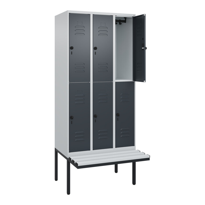 C+P Doppelstock-Spind Classic PLUS, Bank, 3 Abteile, 2120x900x815mm, 7035/7016 Verschluss Sicherheits-Drehriegel Sitzbanktyp auskragend Material Sitzfläche Kunststoff
