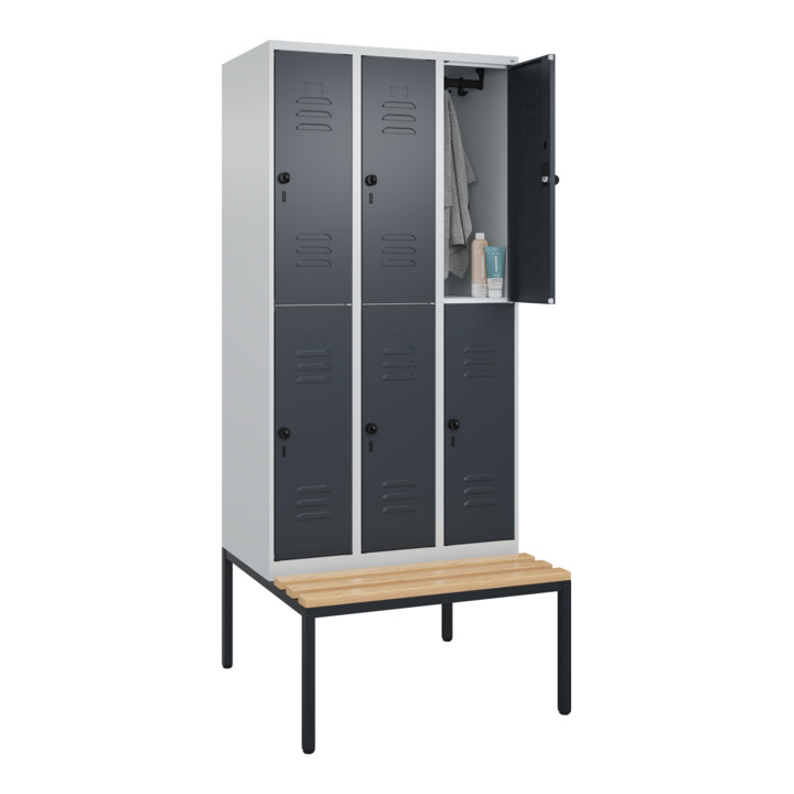 C+P Doppelstock-Spind Classic PLUS, Bank, 3 Abteile, 2120x900x815mm, 7035/7016 Verschluss Sicherheits-Drehriegel Sitzbanktyp untergebaut Material Sitzfläche Buche-Hartholz